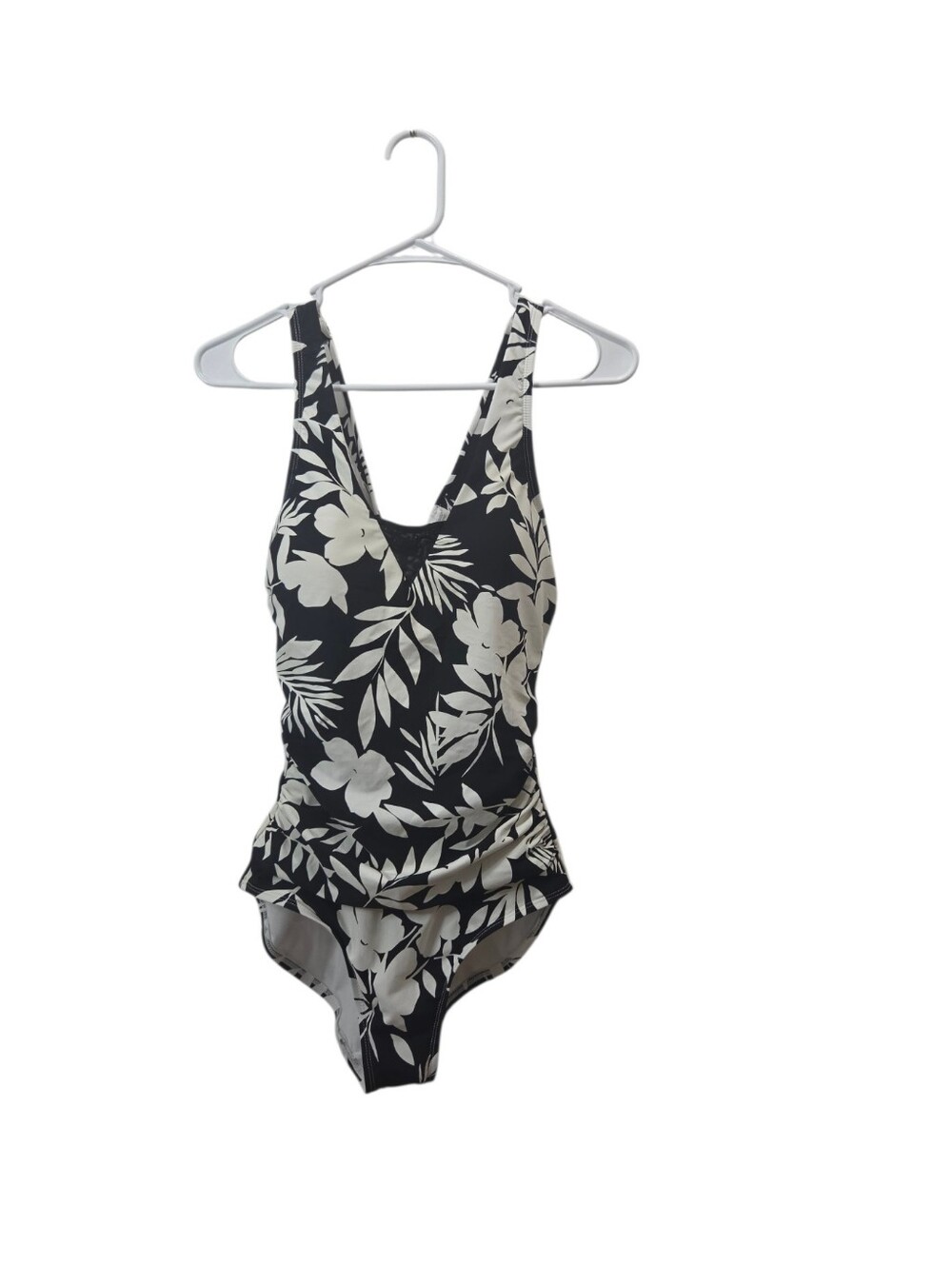 Lands' End One Piece Swimsuit Small Black White Floral Tummy Control Crossback